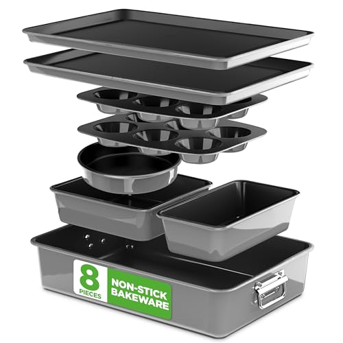 NutriChef Nonstick Stackable Bakeware Set, 8-Piece, Grey