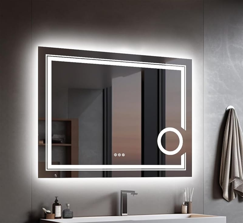 LUVODI Illuminated LED Bathroom Mirror, 900 x 700mm Wall Vanity Mirror with Dimmable Front Light, Backlit Demister, 3x Magnifier