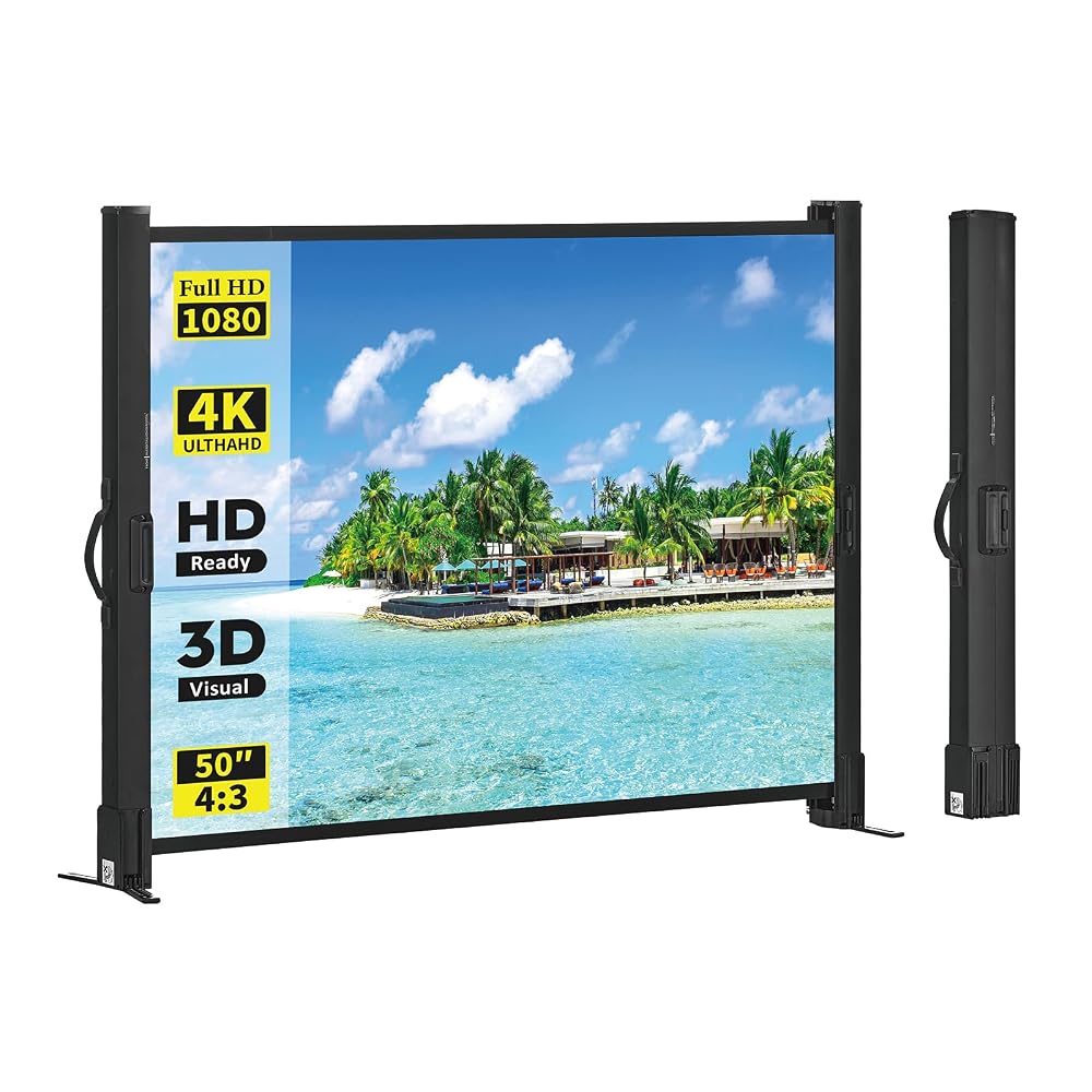 Portable Projector Screen with Stand, 50 Inch 4:3, Lightweight and Retractable, 1.2 High Gain Wrinkle-Free Projection Screen
