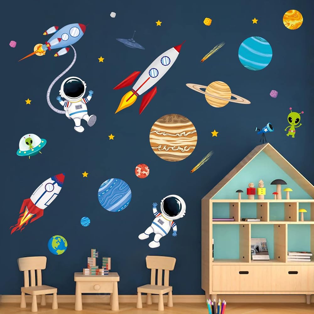 decalmile Outer Space Wall Decals, Rocket Planets Astronaut Wall Stickers, Baby Nursery Boys Bedroom Playroom Wall Decor