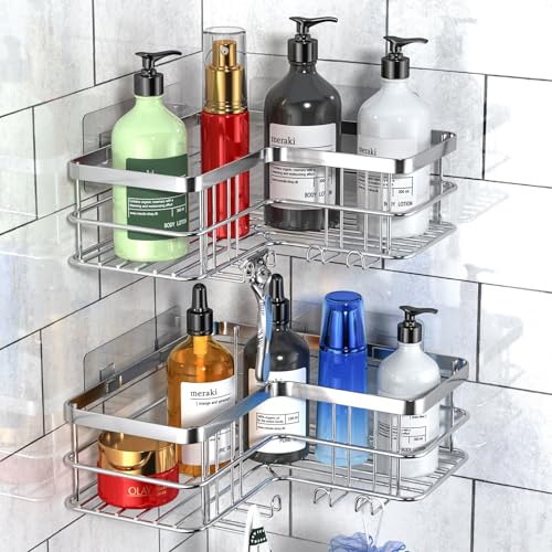 Yazoni Corner Shower Caddy 2 Pack - Bathroom Shelves No Drilling, Rustproof Stainless Steel Shower Storage Rack, Large Capacity Adhesive Shower Caddies for Bathroom, Bathroom Accessories, Silver