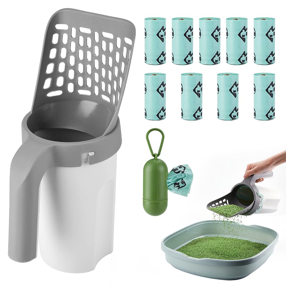 MYPIN Upgraded Cat Poop Scoop with Holder, Litter Tray Scoop with Bag and Waste Can, Extra 135pcs Waste Bags