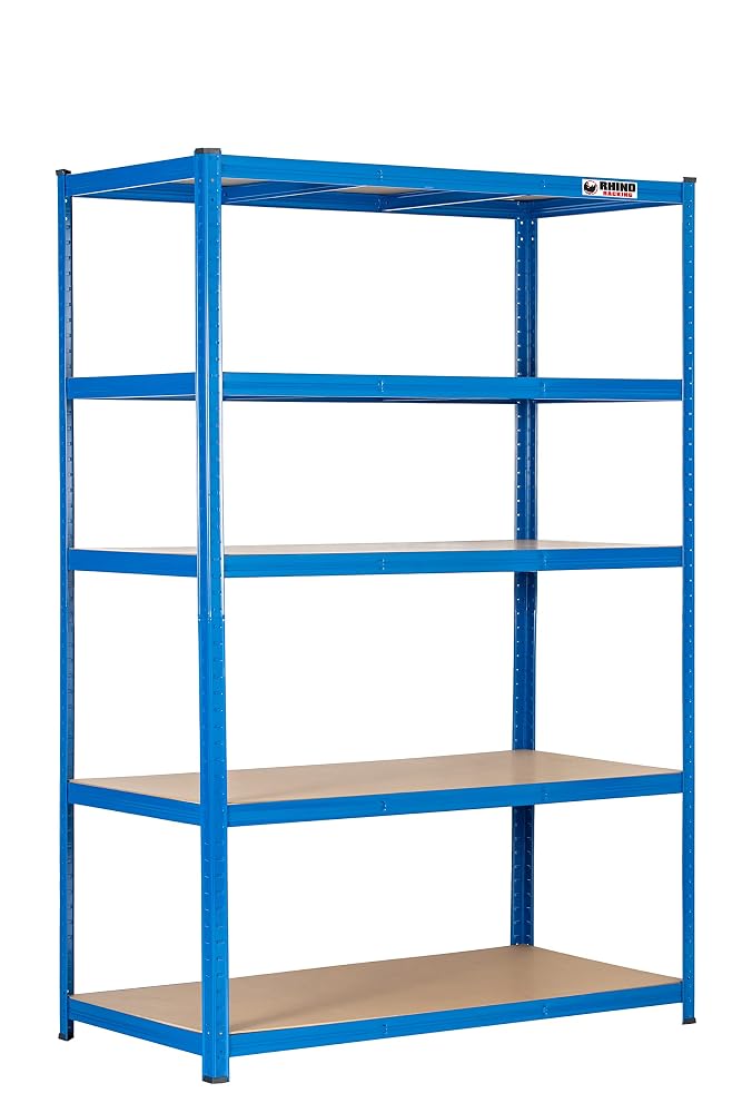 Rhino Racking Heavy-Duty Garage Shelving Unit - 5-Tier Steel Storage Shelves, Boltless Shelves, Industrial Shelving, Blue, 200kg Per-Tier, 180x120x60cm