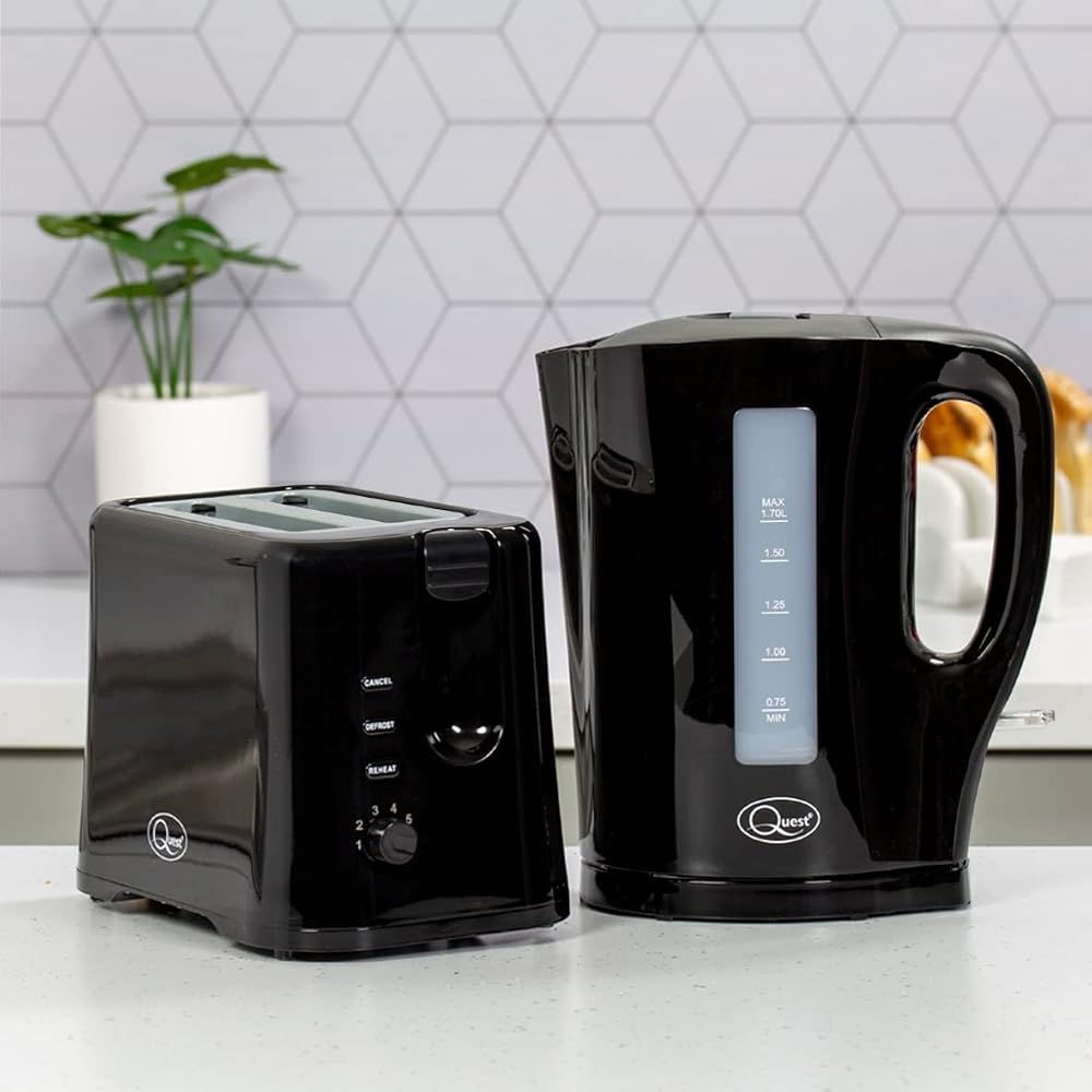 Quest Modern Black Kettle & Toaster Set, 1.7L Capacity Kettle & 2 Slice Toaster with Variable Browning