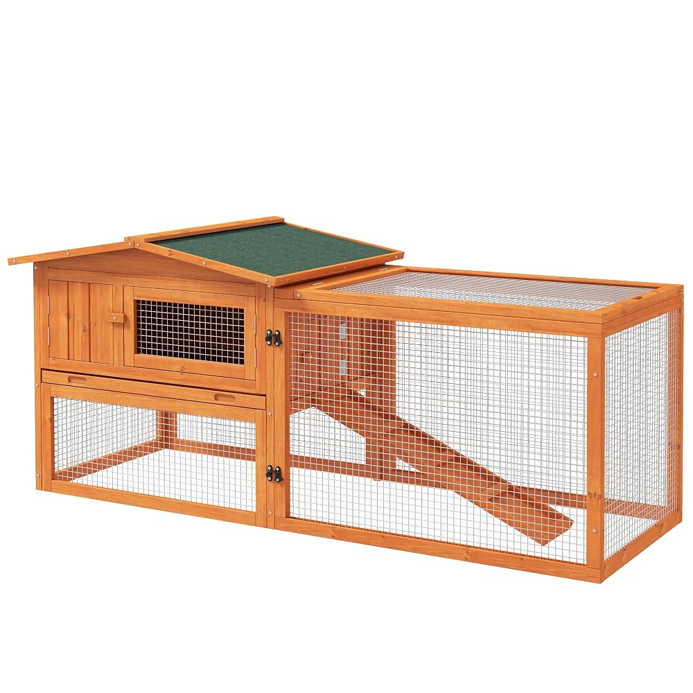 PawHut Rabbit Hutch with Run, Wooden Guinea Pig Hutch, Outdoor Bunny Cage with Sliding Tray, Hay Rack, Ramp, 156 x 58 x 68cm