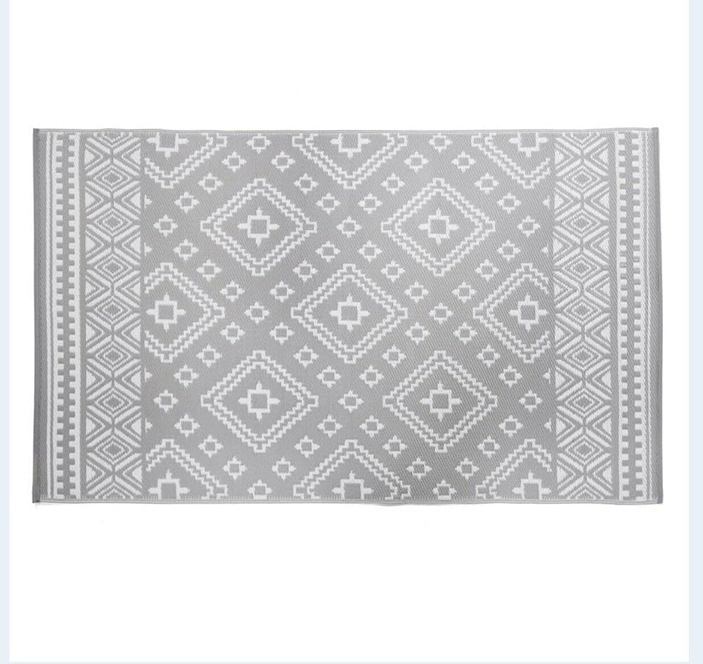 PaMeer White & Grey Outdoor Rug Polypropylene Patio Rug, Anti-Slip, 120 x 180cm
