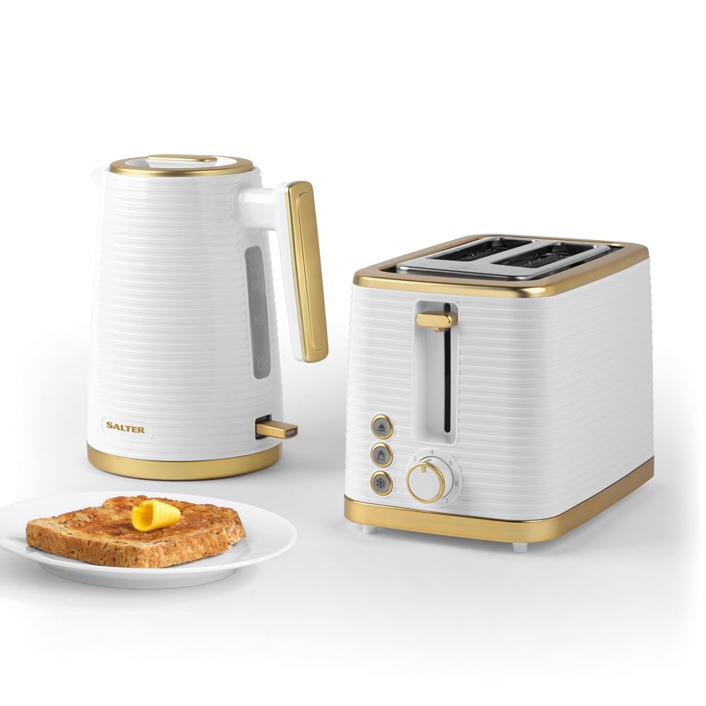 Salter COMBO-7996 Palermo Kettle and Toaster Set, Fast Boil 1.7L Kettle and 2 Slice Wide Slot Toaster, White/Gold