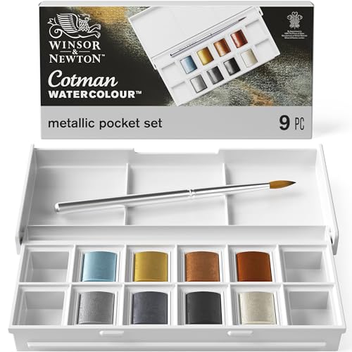 Winsor & Newton Cotman Watercolour Half Pan Metallic Pocket Set, 8 Half Pans + 1 Travel Brush