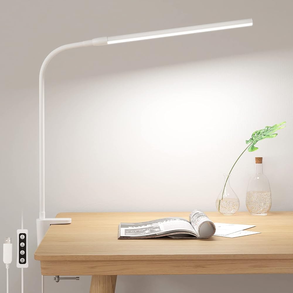 Lepro Desk Lamp Clamp, 460lm Eye-Caring Clip on LED Desk Light, 10 Levels Dimmable, USB Powered Bedside Lamp, 3 Modes Gooseneck Task Light