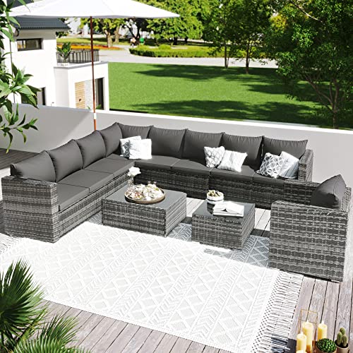 I0I&I0I 9-Seater Large Rattan Garden Corner Sofa Set with Coffee Table (Grey)