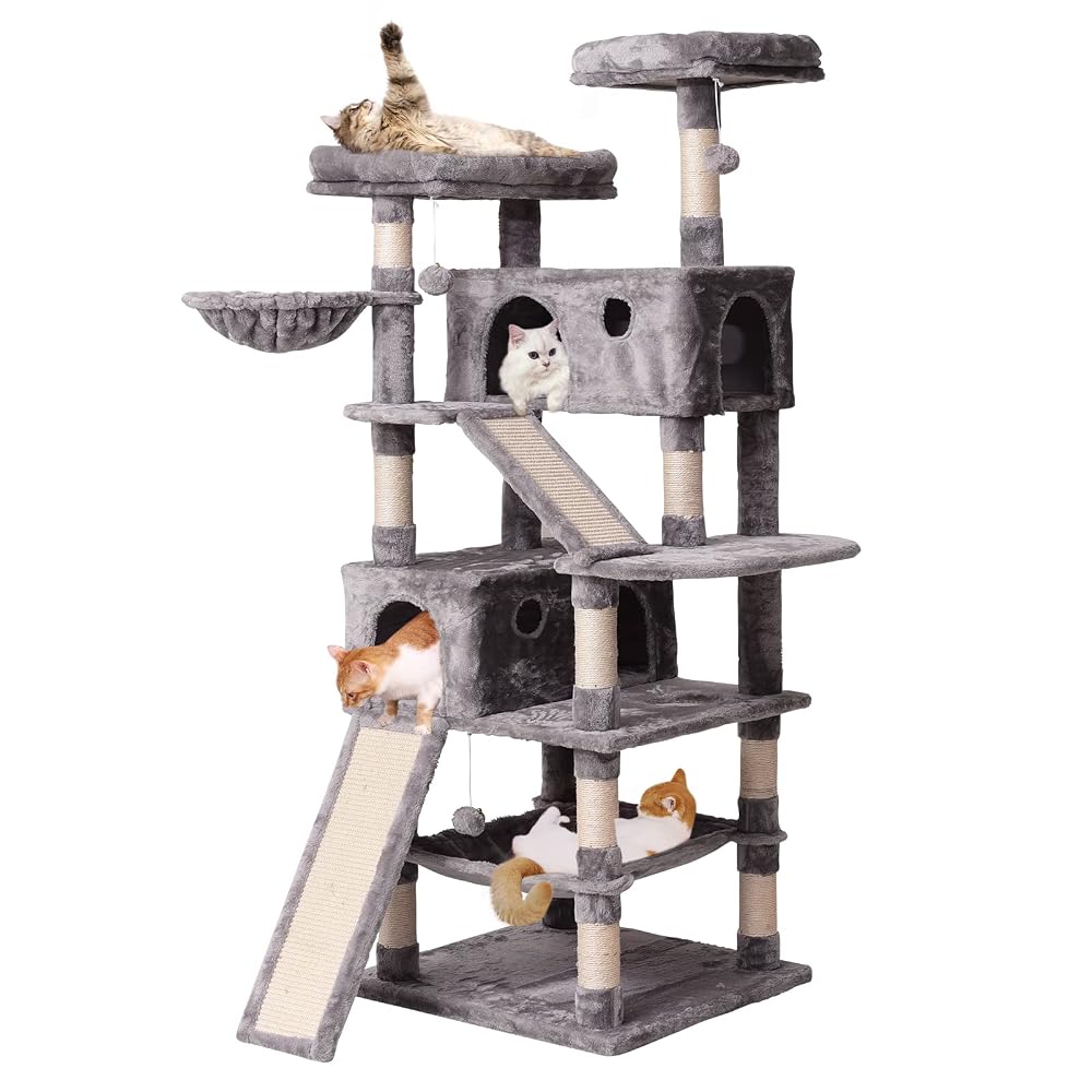JISSBON Cat Tree Tower 178cm, Multi-Level Cat Scratching Post with Condos, Ladders, Basket and Hammock
