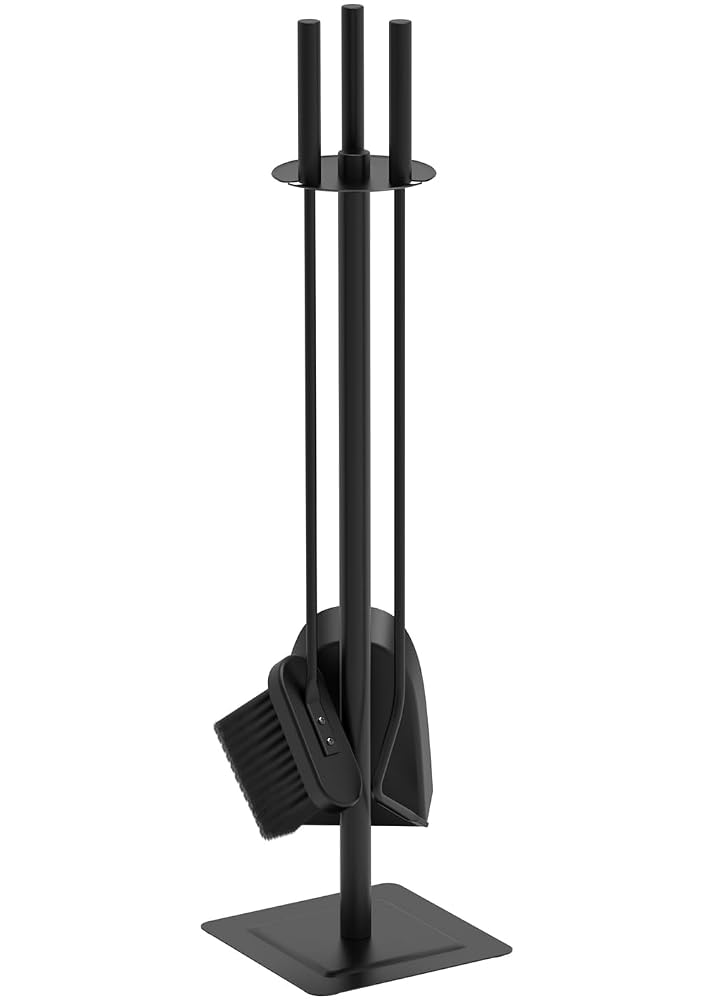 VOUNOT Fireplace Companion Set, 4 Piece Fire Tools with Poker, Brush, Shovel and Stand, Wrought Iron, Black