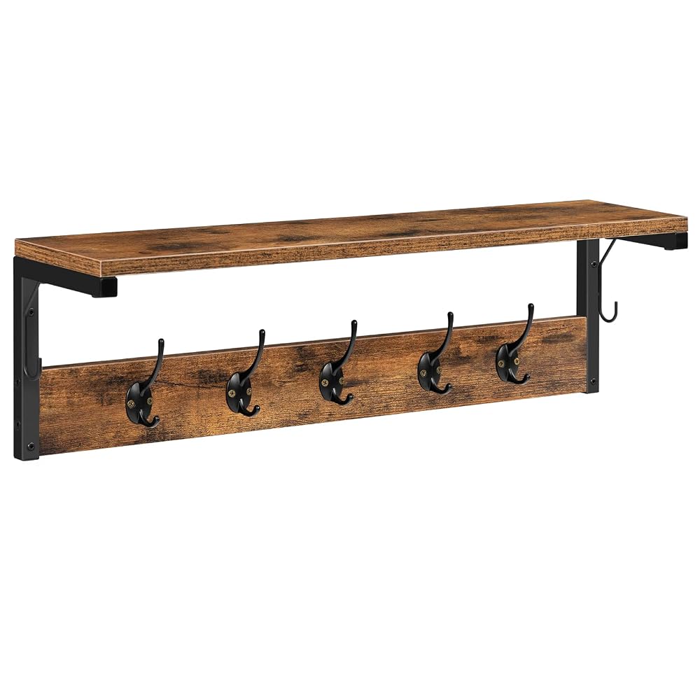 HOOBRO Coat Rack Shelf Wall Mounted, Coat Hook with 7 Hooks and Shelf, 70cm Hallway Coat Rack, Rustic Brown
