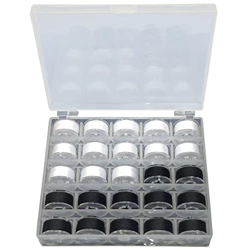 25 Pcs Sewing Machine Bobbins, Black & White Sewing Thread, Pre-Wound Bobbins with Storage Case
