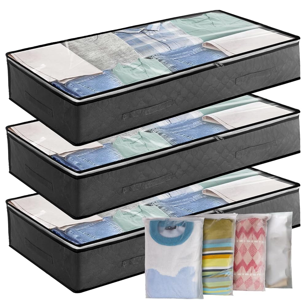 Underbed Storage Bag, 3 Pack, 90L Under Bed Storage Box with 4 Large Zip Lock Bags, PVC Window