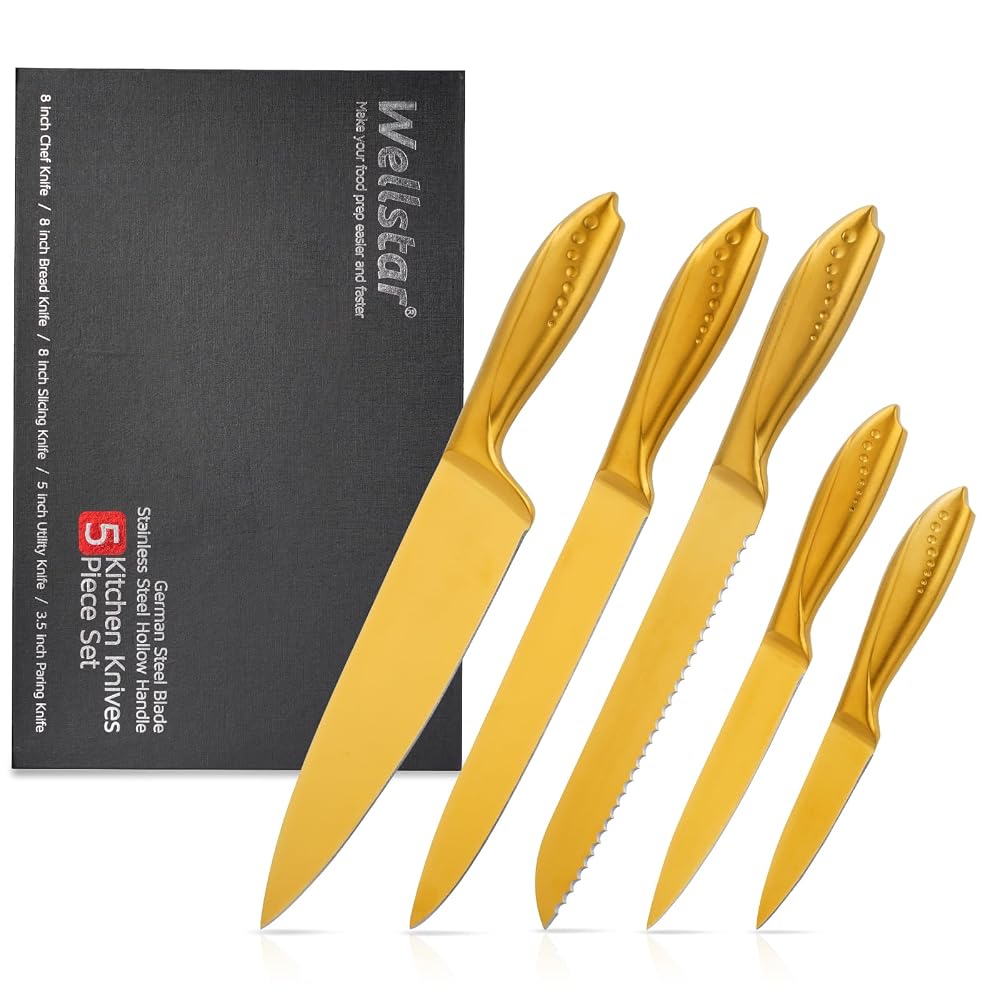 WELLSTAR Chef Knife Set, 5 Pcs Stainless Steel Kitchen Knife Set with Gold Titanium Coating