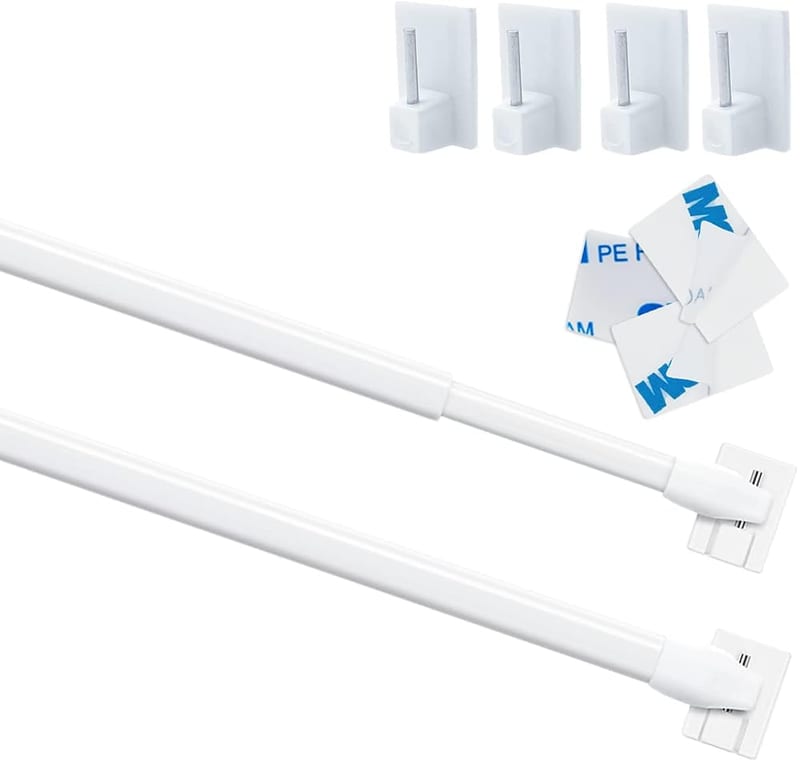 2Pcs Net Curtain Rods Extendable Curtain Rod with 6Pcs Plastic Sticky End Window Hook for Home Bathroom, Windows (40-70cm, White)