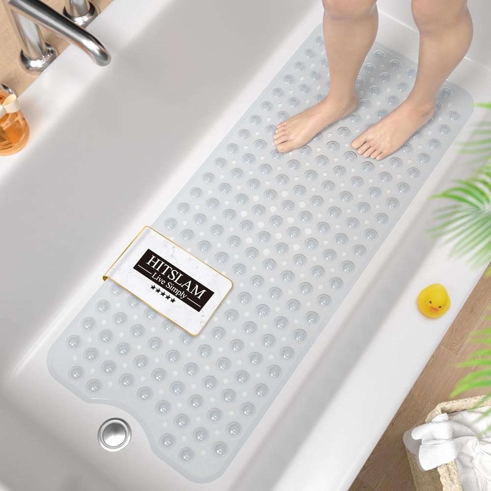 HITSLAM Non Slip Bath Mat for Tub, 101 x 40cm Extra Long Shower Mat Anti Mould, Machine Washable with Suction Cups and Drain Holes, Clear