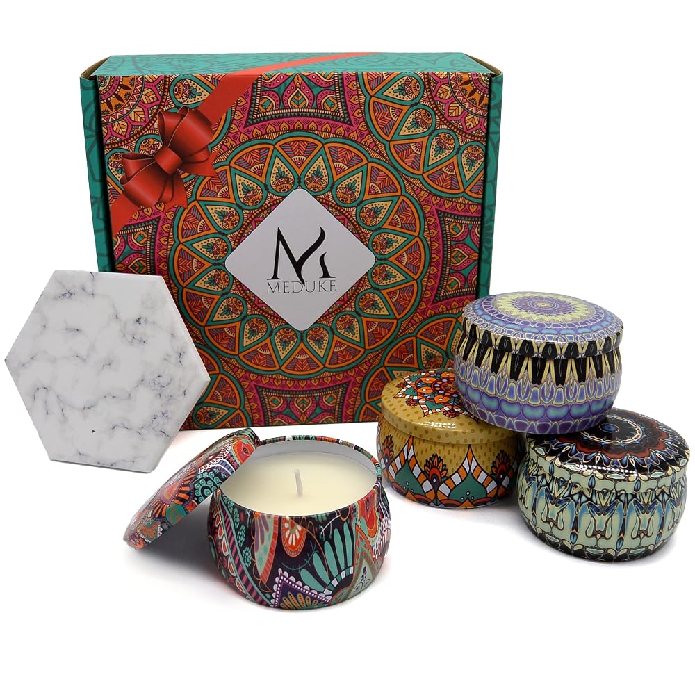 Meduke Scented Candles Gift Set Plus Coaster, 4x155g Soy Wax, Pomegranate, Lemon, Fig, Vanilla
