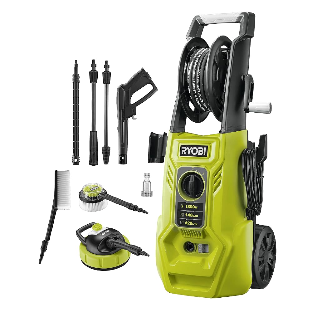 RYOBI RY140PWA-P 1800W Electric Pressure Washer 140 Bar with Patio Cleaner and Hose Reel