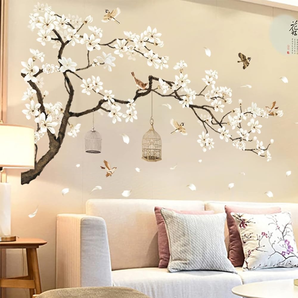 Large Wall Stickers, Removable Peel and Stick 3D Wall Art Stickers, 50"x74" Romantic Cherry Blossom Tree Wall Murals, DIY Home Decor