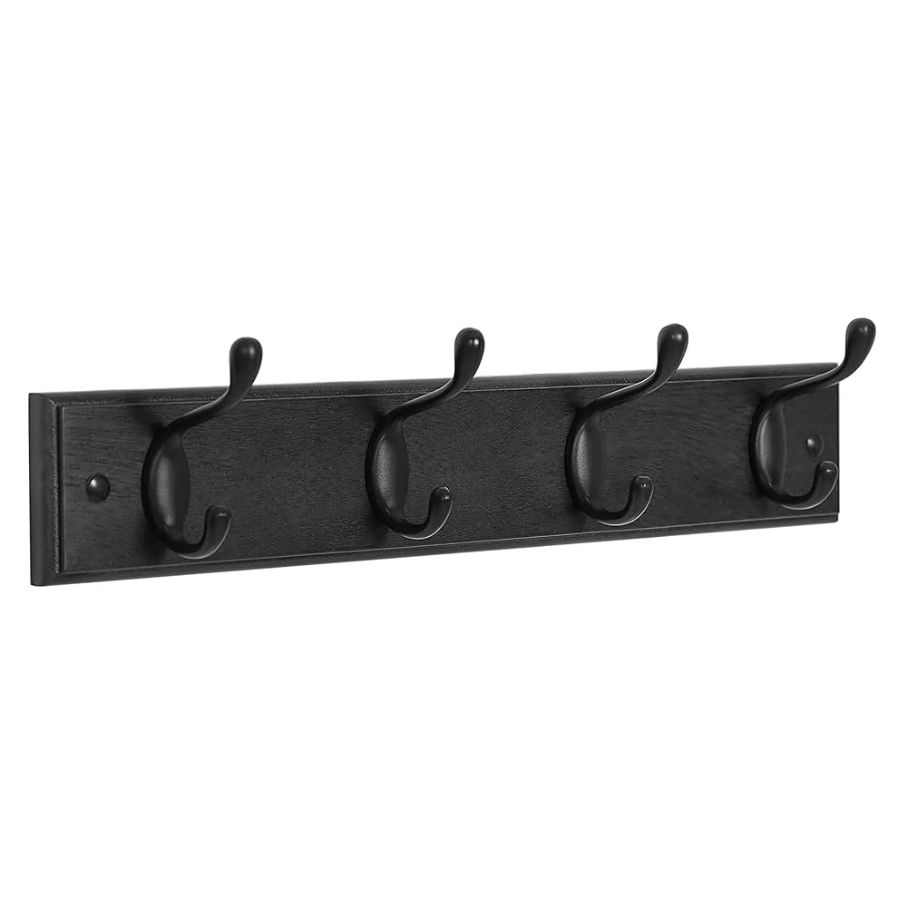 SONGMICS Wooden Wall-Mount Coat Rack with 4 Metal Hooks, Black ULHR023B01
