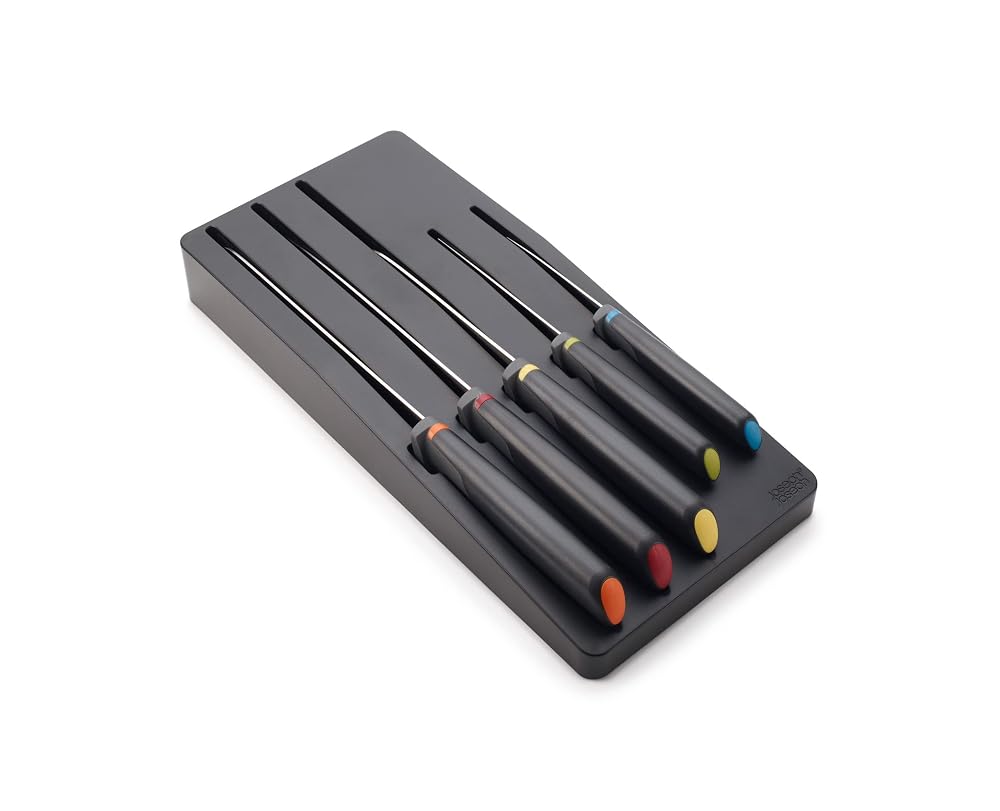 Joseph Joseph Elevate Knives 5-Piece Colour Coded, Japanese Stainless-Steel Knife Set in Drawer Storage Block, Black
