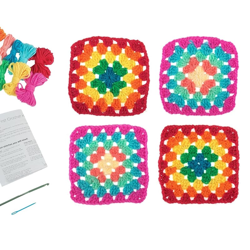 Trimits 'My First' Beginner Knitting Kit, Starter Kit Including Yarn, Hook, Plastic Needle & Instructions, Multicoloured Granny Squares