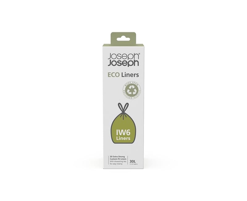 Joseph Joseph IW6 Eco Recycled Plastic Bin Liners, Kitchen Waste Bags with Tie Tape Drawstring Handles, Extra Strong, Pack of 20, Holds 30 Litres, Grey