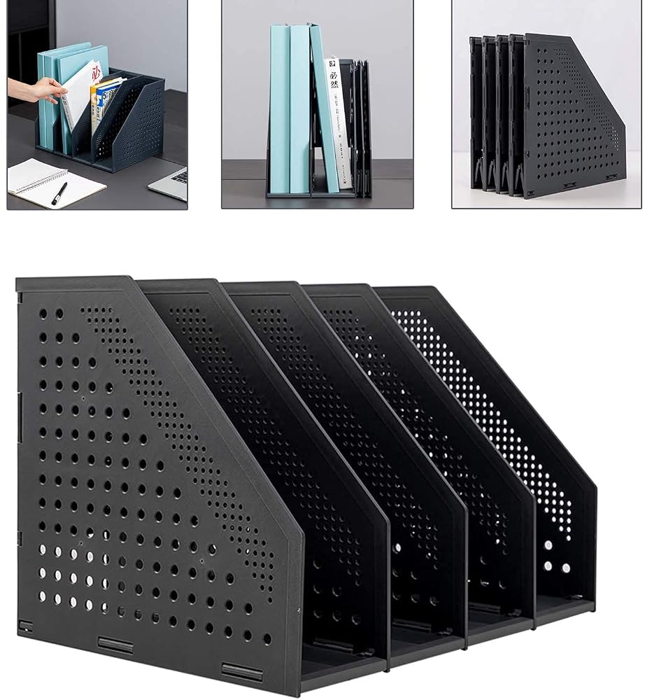A4 File Holder Folding Bookshelf, 4 Vertical Compartments Desktop File Organiser for Office and Study