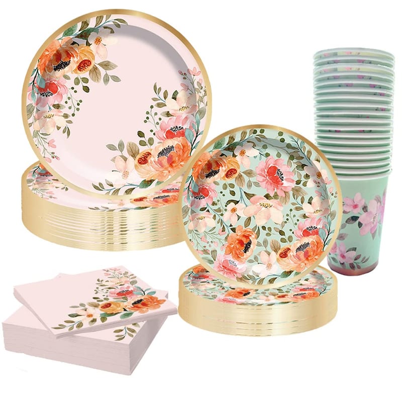 Disposable Paper Plates Party Supplies — 16 Guests Paper Plates Cups and Napkins, Floral Party Dinnerware Decorations for Afternoon Tea Garden Party Birthday Wedding Baby Shower