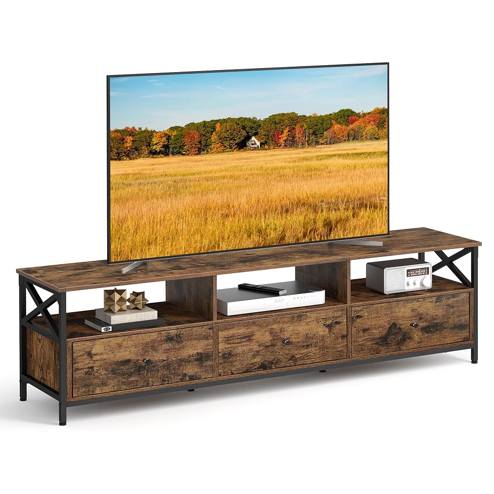 VASAGLE TV Stand for TVs up to 80 Inch, with 3 Drawers and 3 Open Shelves, Rustic Brown and Black