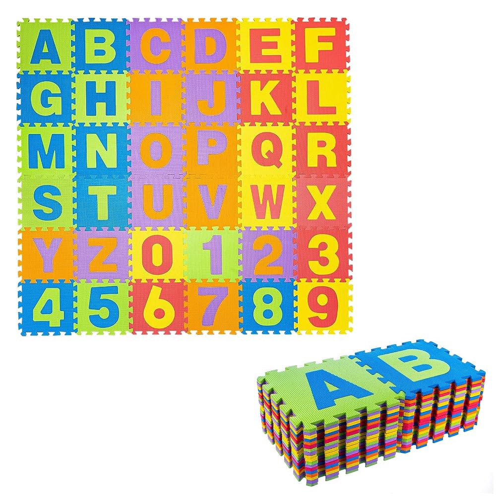 ADEPTNA Large Multi-Coloured Soft EVA Foam Jigsaw Play Mat - Alphabet Floor Mat for Kids Play Room, Each Tile 29cm x 29cm x 1cm (36 Pieces)