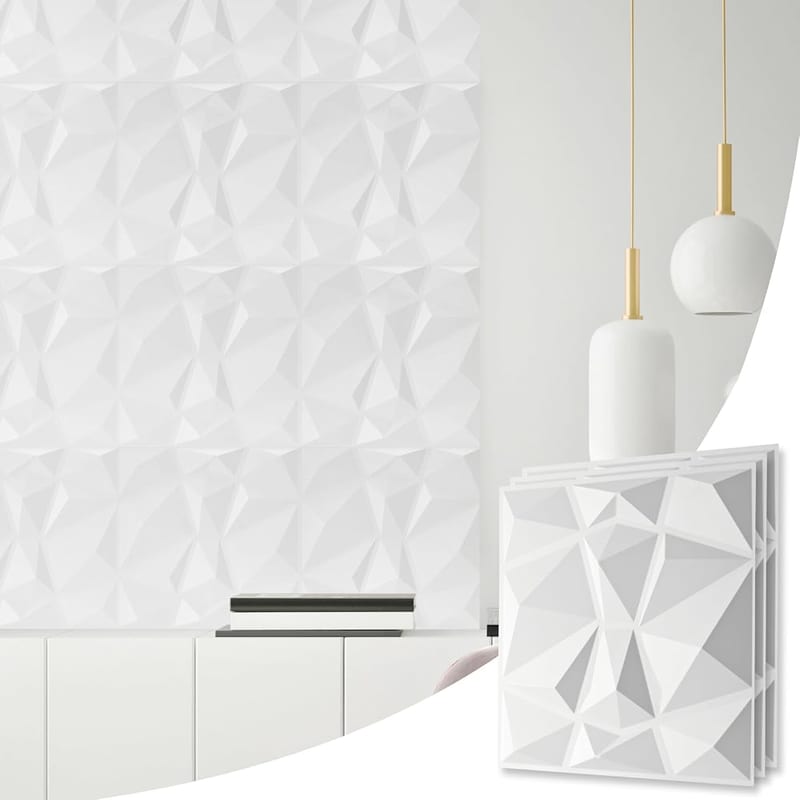 NOVECRAFTO Decorative PVC 3D Wall Panels - Diamond Design 6 Sheets Set Covering 1.5 sqm (16.15 sqft) - Each Tile Size 50x50 cm (19.6x19.6 in) Textured Paneling 3D Effect Decor Cladding Panel in White