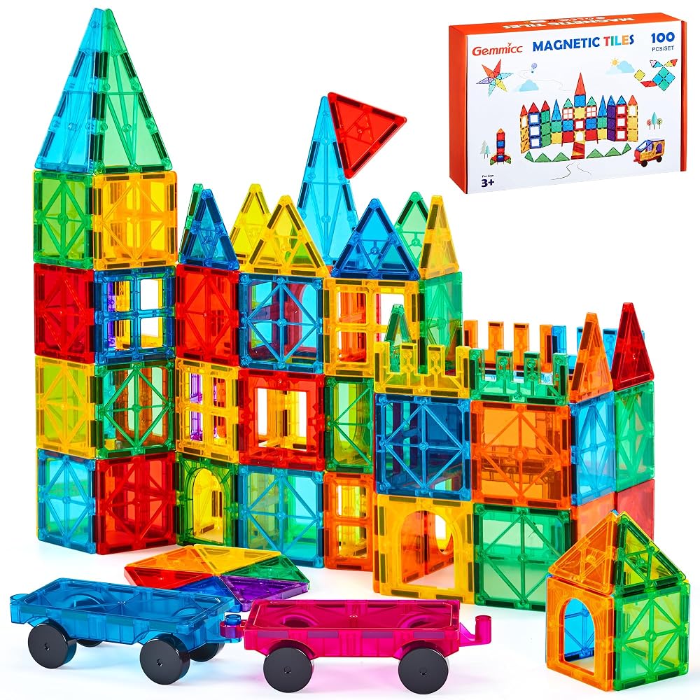 Gemmicc Magnetic Tiles 100 PCS with 2 Cars, Magnetic Building Blocks STEM Toy