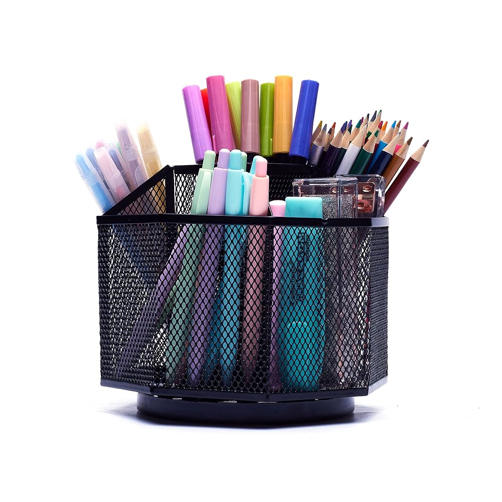 EXERZ Desk Organiser 360 Rotating Pen Holder, 5 Compartments Caddy, Black — Smooth Spinning Base with Open Mesh Sections for Pens, Brushes, Scissors and Daily Desk Tools