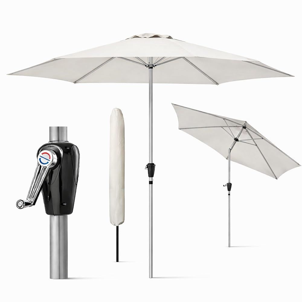 GlamHaus Garden Parasol Tilting Table Umbrella for Outdoors 2.7m, Crank Handle, UV 40+ Protection, Robust Aluminium (Cream)