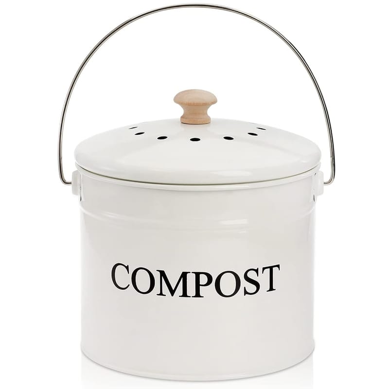 AVLA Metal Kitchen Compost Bin, 3.8L Countertop Food Waste Caddy, White Composting Bucket with Handle, Charcoal Filter and Lid