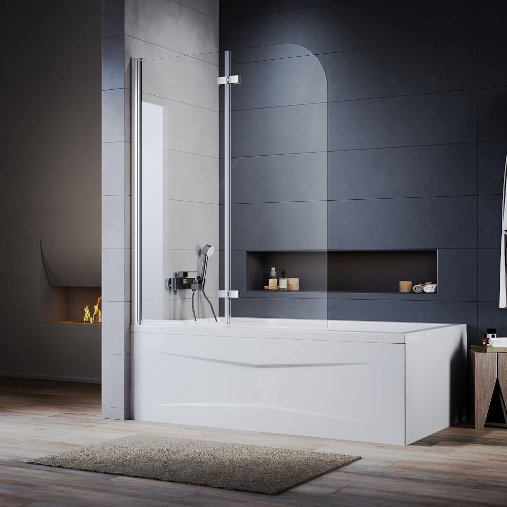 ELEGANT 900mm Over Bath Shower Screen Door with Pivot Double Panel, 6mm Safety Clear Glass
