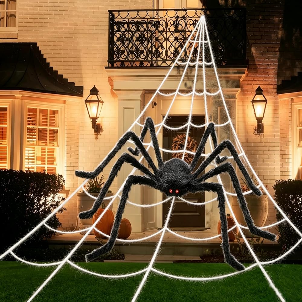 PUHPIG 200" Halloween Spider Web + 59" Giant Spider Decorations, Triangular Huge Spiders Web and Hairy Scary Fake Spider, for Indoor Outdoor Porch Yard