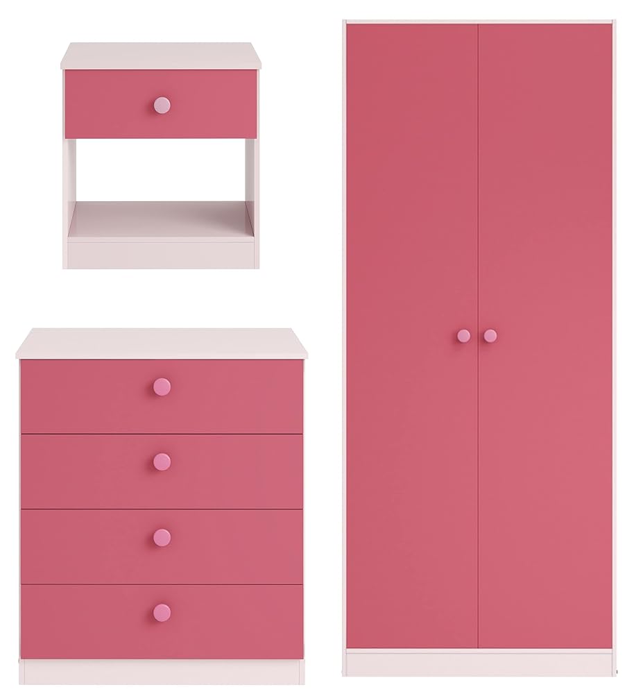 Home Detail Kids Bedroom Furniture Set Nursery Furniture with Childrens Chest Bedside Table & 2 Door Wardrobe, 3 Piece Wardrobe Set Bedroom Furniture for Girls and Boys (Pink)