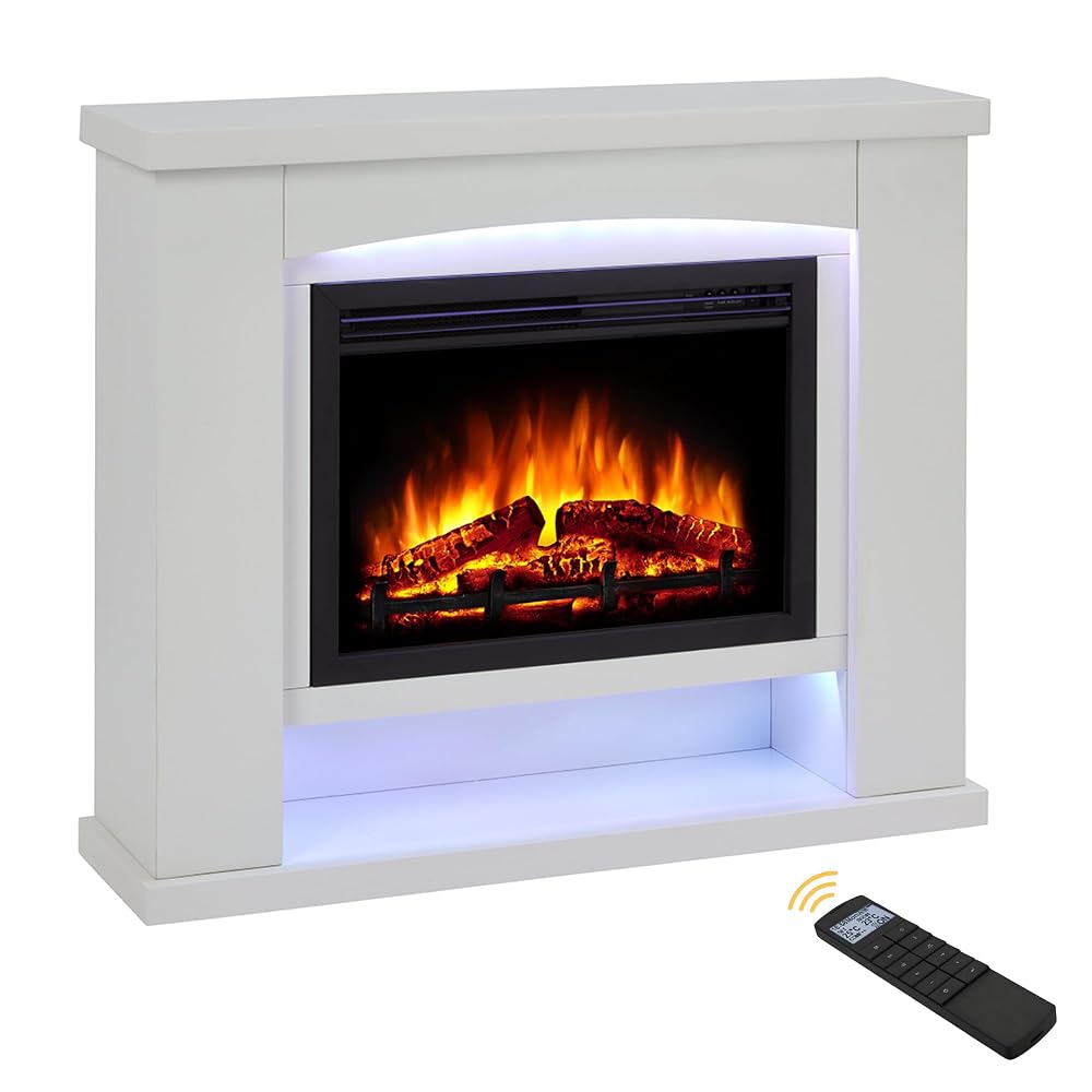 Endeavour Fires Ebberston 39'' Electric Fireplace Suite with Realistic Flame & Log Effect, 13 Colour LED Lighting, Off White Surround