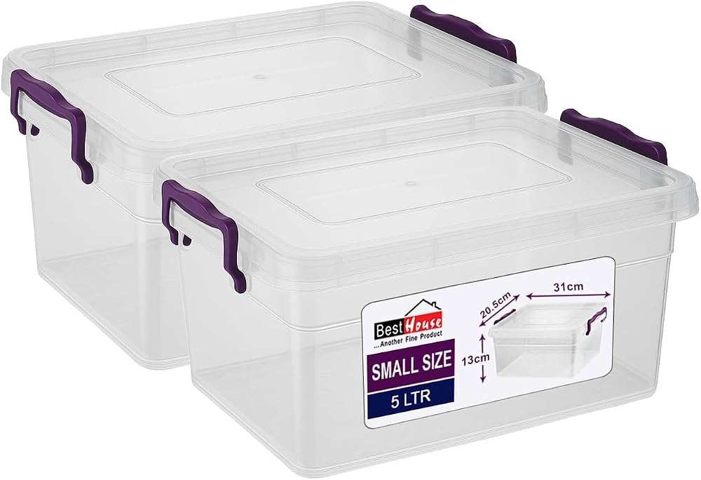 BH 5L Small Plastic Storage Box Bin with Lids, Pack of 2