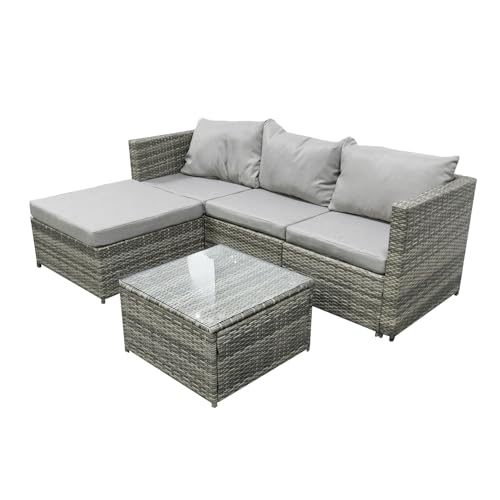 COZYBRITE Garden Corner Sofa Rattan Furniture Set 4 Seater Patio Outdoor Lounge Settee with Glass Coffee Table All-weather SFS066 (Mix Grey Rattan+Grey Cushion)