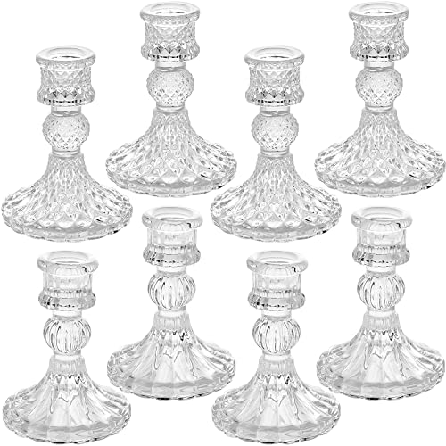 Clear Glass Candlestick Holders, 8pc Set Including Taper Candle Holders and Stripe Candle Holders, Two Styles for Formal Events, Weddings, Festivals & Home Decor