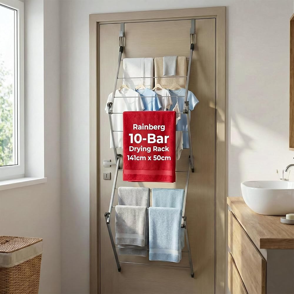 Rainberg Over The Door Clothes Airer, Foldable 10-Bar Drying Rack, Easy to Pull and Open, Indoor/Outdoor