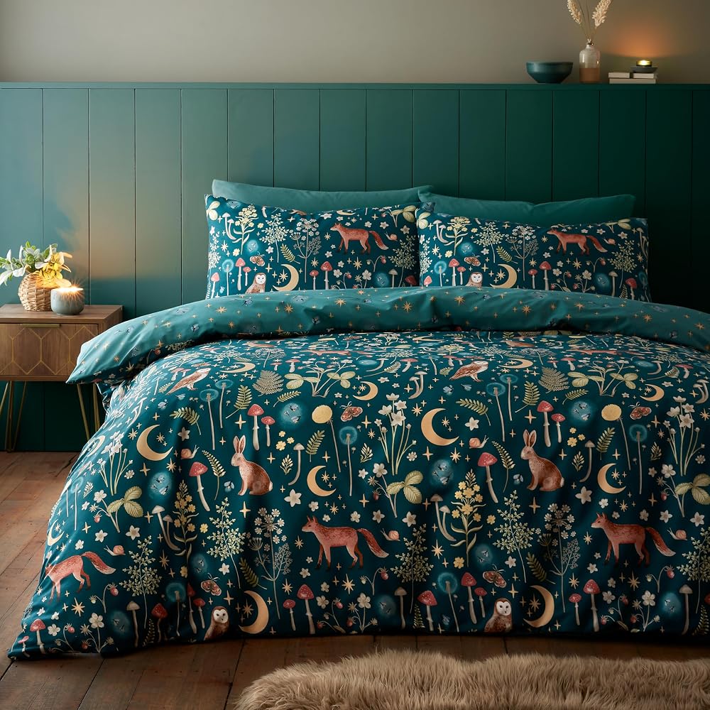 Catherine Lansfield Enchanted Twilight Reversible Double Duvet Cover Set with Pillowcases, Forest Green