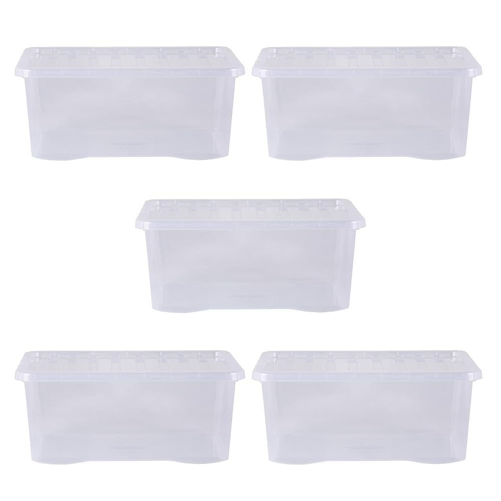 Wham Crystal 5 x 45L Stackable Plastic Storage Boxes with Lids, Clear, Made in UK