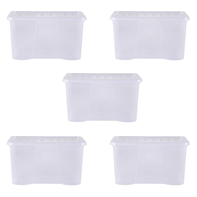 Wham Crystal 5 x 60L Stackable Plastic Storage Boxes with Lids, Clear