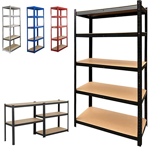 Garage Shelving Units, Heavy Duty 5 Tier Black Adjustable Shelving Rack, 175kg Per Shelf, 150 x 70 x 30cm